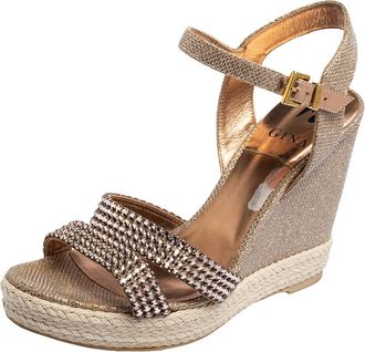 Gina Rose Gold Glitter And Crystal-Embellished Leather Espadrille Platform Wedge Sandals