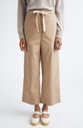 Max Mara Argento Drawstring Crop Wide Leg Cotton Trousers in Desert at Nordstrom, Size 12