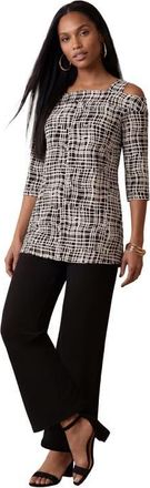 Jessica London Cold Shoulder Top in Black White Weave at Nordstrom, Size Medium