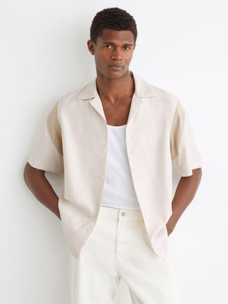 Reiss Oatmeal Sleeve-insert Cuban-collar Shirt, Xxl