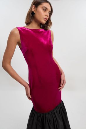Karen Millen Womens Velvet Sleeveless Body With Taffeta Drop Waist Maxi Dress - Fuchsia - Size X-Small