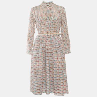 Max Mara White Fish Print Chiffon Belted Midi