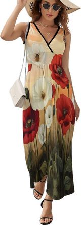Generic Red Floral Poppy Flower Painting Women Dresses Print Maxi Dress Casual Long Beach Sundress M