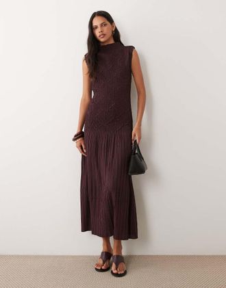 Mango vestito midi senza maniche con corpino arricciato bordeaux-Rosso