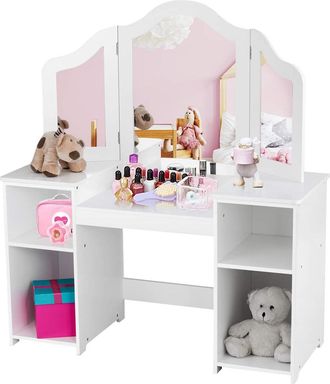 Costway Costway - Tocador Para Ni&ntilde;as Con Compartimentos Abiertos Escritorio Con Espejo Extra&iacute;ble Mueble De Mdf Estanter&iacute;a
