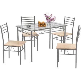 Costway Costway - Conjunto Mesa Y Sillas Comedor, 1 Mesa Rectangular De Vidrio Y 4 Sillas, Mesa Cocina Con Sillas, Estructura Met&aacute;lica, Cocina Comedor Sal&oacute;n, 
