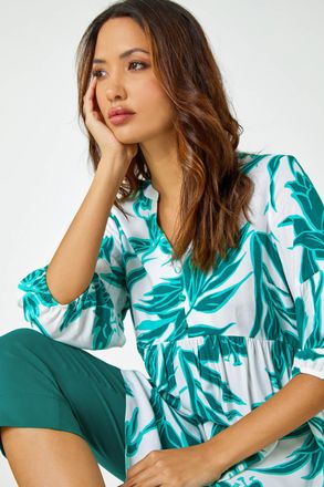Roman Palm Print V-Neck Tunic Overshirt
