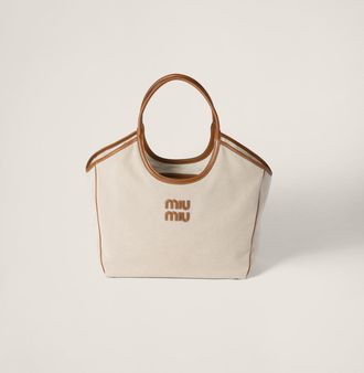 Miu Miu Ivy Canvas And Leather Tote Bag, Woman, Beige/brandy