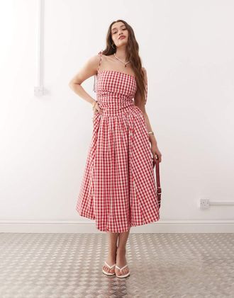 Amy Lynn Alexa - Vestito midi a palloncino con spalline annodate rosso a quadretti