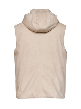 Brunello Cucinelli Mens Wool Padded Hooded Vest Beige & Down Jackets