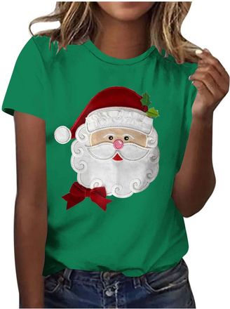 Generic Christmas Tops for Women Xmas Tshirts Cute Santa Claus Graphic Tees Short Sleeve Shirts Round Neck Trendy Casual Blouses Xmas Holiday Pullover Tops St