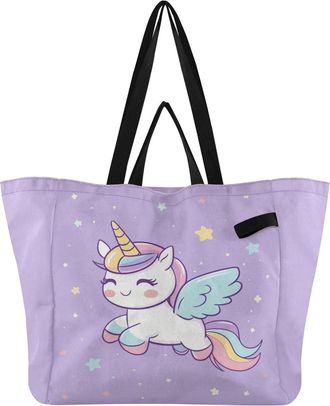 Generic Unicorn Stars Lilac pattern Reusable Canvas Tote Bag, Heavy Duty Grocery Shopping Bag with Hard Bottom Large Capacity Double Handles Work Groceries Tr
