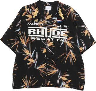 Rhude Regatta Club Floral-Graphic Shirt - Heren - Korte mouwen Overhemden - Zwart - M - Rayon - Overhemden