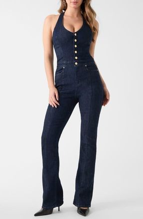 Guess Kacie Halter Stretch Denim Jumpsuit in Dark Blue at Nordstrom, Size X-Large 32