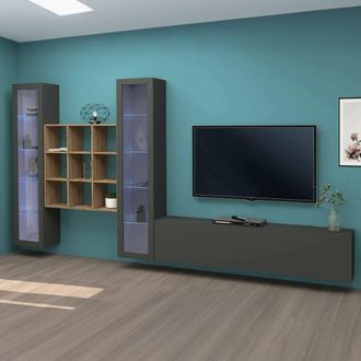 Dmora Dmora - Pared Equipada Dchiorr, Conjunto De Sal&oacute;n Mueble De Tv Con 3 Puertas, Mueble De Sal&oacute;n Polivalente Con Vitrina Y Luz Led, 100% Made In Italy, C