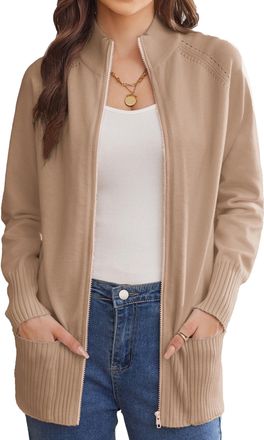 Grace Karin Autumn Long Sleeve Cardigan for Women Long Cardigan Elegant Warm Zip Up Knit Sweater Sweater Khaki S