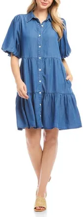 Karen Kane Tiered Denim Shirtdress in Blue at Nordstrom, Size Large