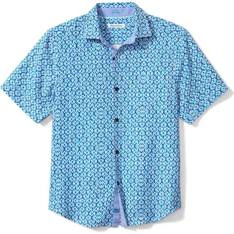 Tommy Bahama Diamond Tides Print Short Sleeve Silk Button-Up Shirt in Atlantis Teal at Nordstrom, Size Xxx-Large