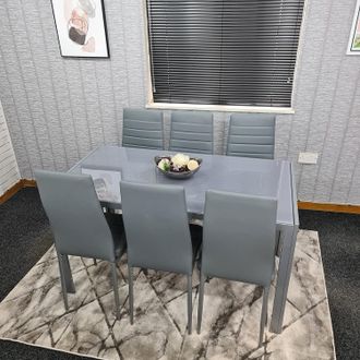 Kosy Koala Modern Rectangle Glass Dining Table Set With 6 Grey Faux Leather Chairs Dining Room Furniture in Brown
