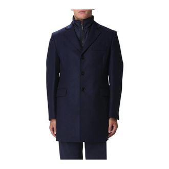 Fay Single-Breasted Coats, male, Blue, M, Navy Overcoat with Removable Inner Jacket