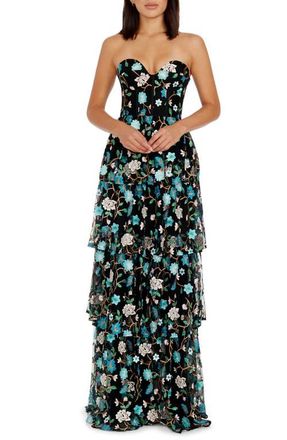 Dress The Population Layana Floral Embroidery Strapless Gown in Turquoise Multi at Nordstrom, Size Large
