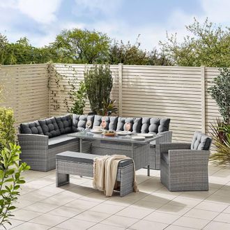 Furniturebox Marbella Textured Grey Rattan Garden Dining Set Grey Cushions 9 Seat Outdoor Sofa, Glass Table Top 145x80cm | Size: 145x80 cm