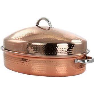 Gibson Home Radiance 17.5 Inch Stainless Steel Copper Plated Oval Roaster with Lid and Roasting Rack in Red at Nordstrom