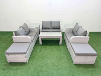 Fimous 8 Seater PE Wicker Rattan Furniture Sofa Sets with Oblong Coffee Table 2 Seater Love Sofa 2 Big Footstool Side Table Light Grey