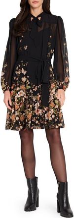 Tahari by ASL Print Tie Waist Long Sleeve Dress in Black Multi at Nordstrom, Size 14