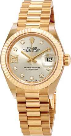Rolex Lady-Datejust Silver Diamond Dial Ladies 18kt Yellow Gold President Watch 279178SRDP
