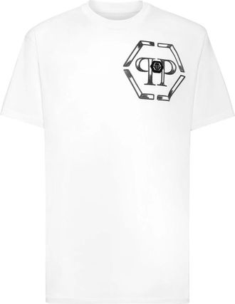 Philipp Plein Tops, Heren, Wit, L, Katoen, T-Shirt Ronde Hals Hexagon