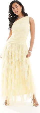 Lace & Beads Vestito da damigella lungo monospalla color ranuncolo con volant a cascata-Blu