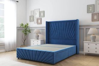 Sloomy Rutherford Plush Divan Base 2 Drawers-54 Wing Headboard-Footboard in Blue | Size: King