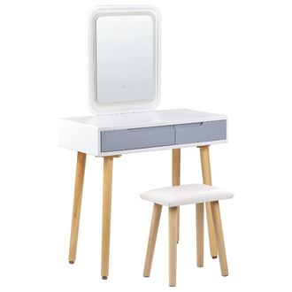 Beliani Beliani - Tocador Led Blanco Gris Madera Clara 80 X 40 Cm 2 Cajones Espejo Patas Madera Dieppe