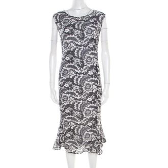 Escada Monochrome Lace Printed Silk Sleeveless Flounce Midi Dress