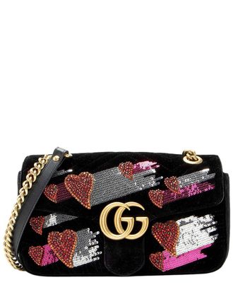 Gucci Black Velvet Embellished Hearts GG Marmont Medium Flap Bag (Authentic Pre-Loved)