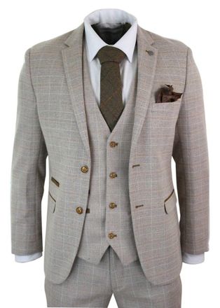 PAUL ANDREW Mens 3 Piece Beige Tweed Check Vintage Retro Suit Velvet - Size 40 (Chest)