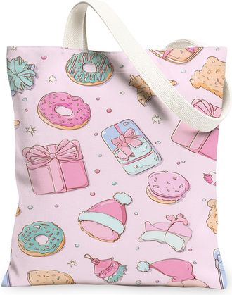 Generic Holiday Sweets Canvas Tote Bags, Cute Dessert Print Reusable Bags, Festive Lightweight Washable Shoulder Tote for Outdoor T, Peach, 13x15 Inch