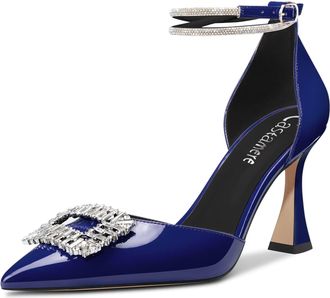Castamere Women High Chunky Block Heel Ankle Strap Diamond Crystal Pointed Toe Pumps Court Shoe 8.5 CM Heels Navy Blue 7 UK