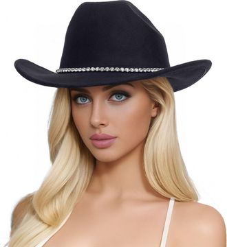 Generic Hats for Large Heads Women Extra Large Glitter Silver Black Cowboy Hats for Women Western Sparkly Rhinestone Hat Ladies Mens Summer Hat (Black, One Si