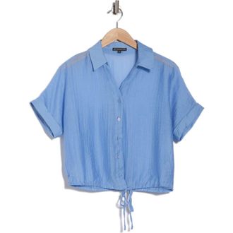 Adrianna Papell Short Sleeve Tie Hem Button-Up Shirt in Classic Blue at Nordstrom Rack, Size X-Small