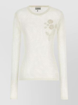 Ganni pointelle knit sweater floral embroidery sheer