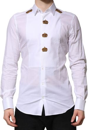 Dolce & Gabbana White GOLD Crown Cotton Dress Formal Mens Shirt