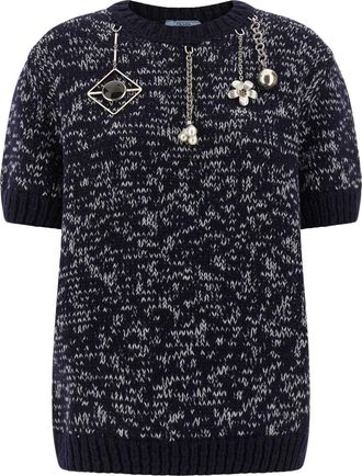 Prada Wol Trui met Ronde Hals en Hanger - Dames - Ronde hals truien - Blauw - M - Wol - Truien & Vesten
