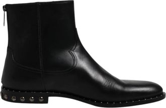 Dolce & Gabbana Zwarte Leren Logo Enkellaarsjes Studs - Heren - Enkellaarsjes - Zwart - 44 EU - Leer - Schoenen