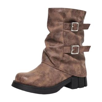 Generic Womens Retro Cowgirl Boots Mid Calf Round Toe Med Block Heel Slip On With A Classic Western Style Buckle