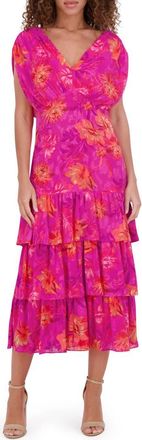 Kensie Floral Cap Sleeve Burnout Chiffon Tiered Maxi Dress in Fuschia Mu at Nordstrom Rack, Size 12