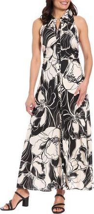 London Times Floral Sleeveless Linen Blend Maxi Shirtdress in Black/Beige at Nordstrom Rack, Size 12P