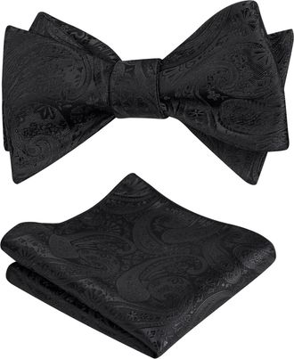 Alizeal Mens Self Tie Bow Ties and Pocket Square Paisley Jacquard Classic Hanky and Tie Set, Black