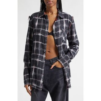 R13 Shredded Seam Drop Neck Reversible Cotton Gauze Button-Up Shirt in Black Ecru Plaid Red Leopard at Nordstrom, Size X-Large
